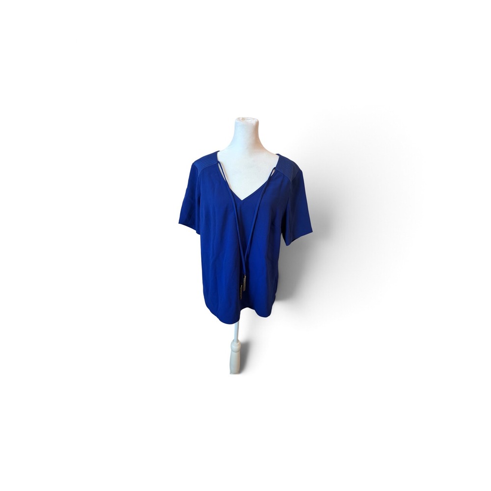 Trina Turk Escondido Cobalt Blue Tassel Boho Blouse Quilted Shoulder Top Size L